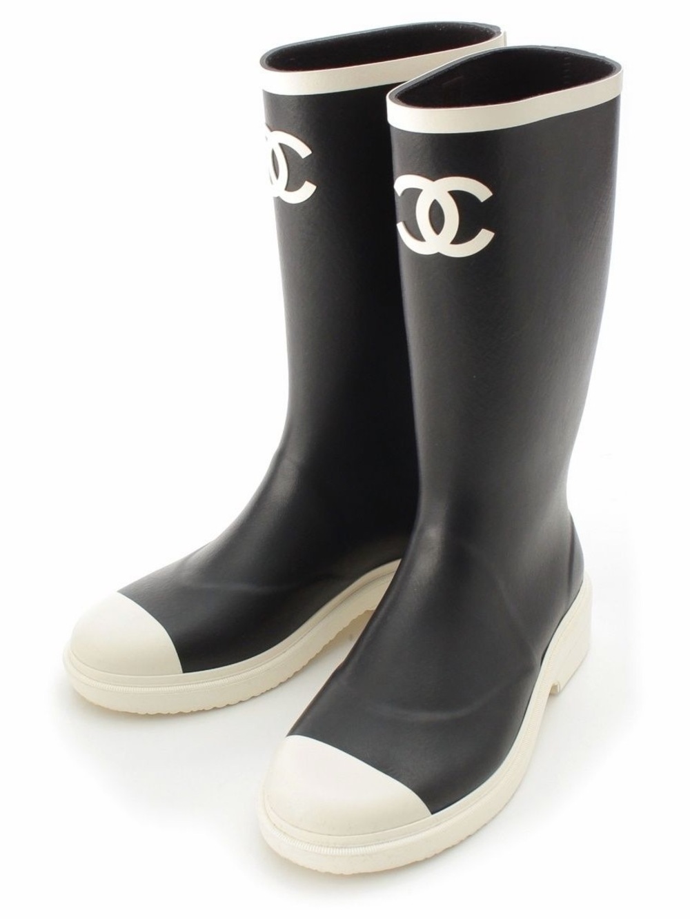 CHANEL Black and White Tall Rubber Rain Boots with CC Logo / Size EU 39 Full Set